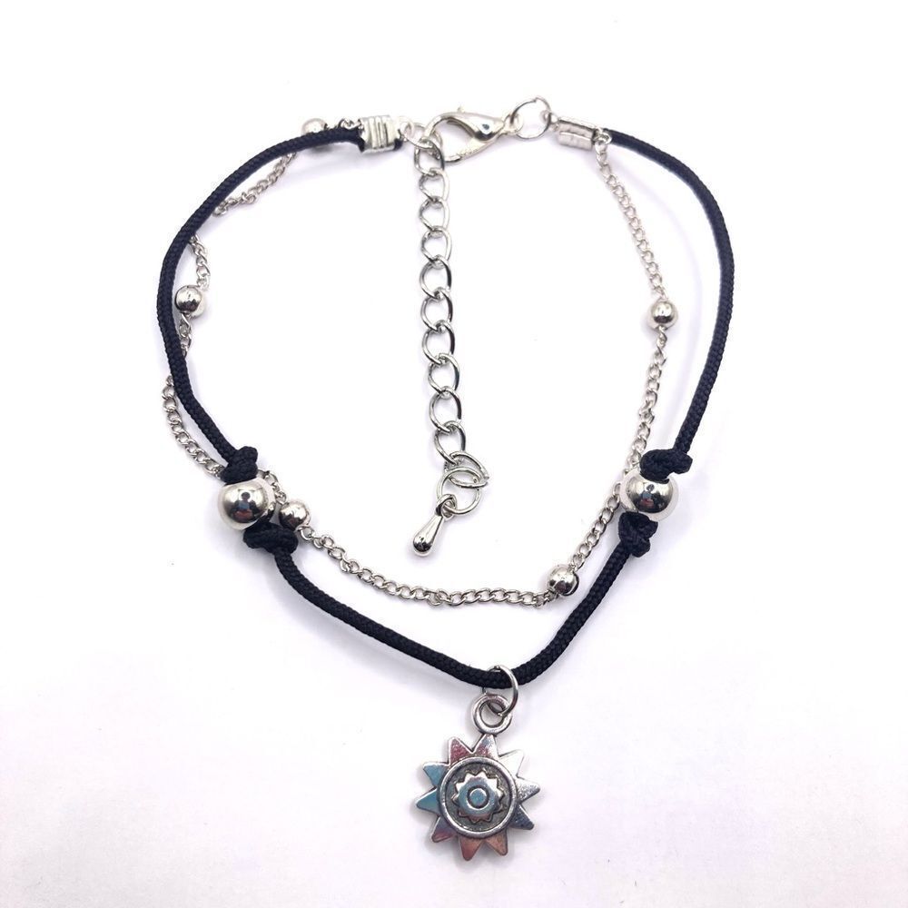 Silver Chain Black Cord Layered Sun Charm Bracelet